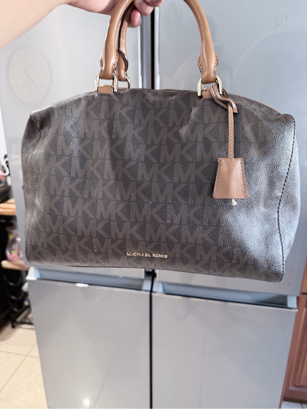 Michael Kors Brown and Tan MK Logo Dome Satchel